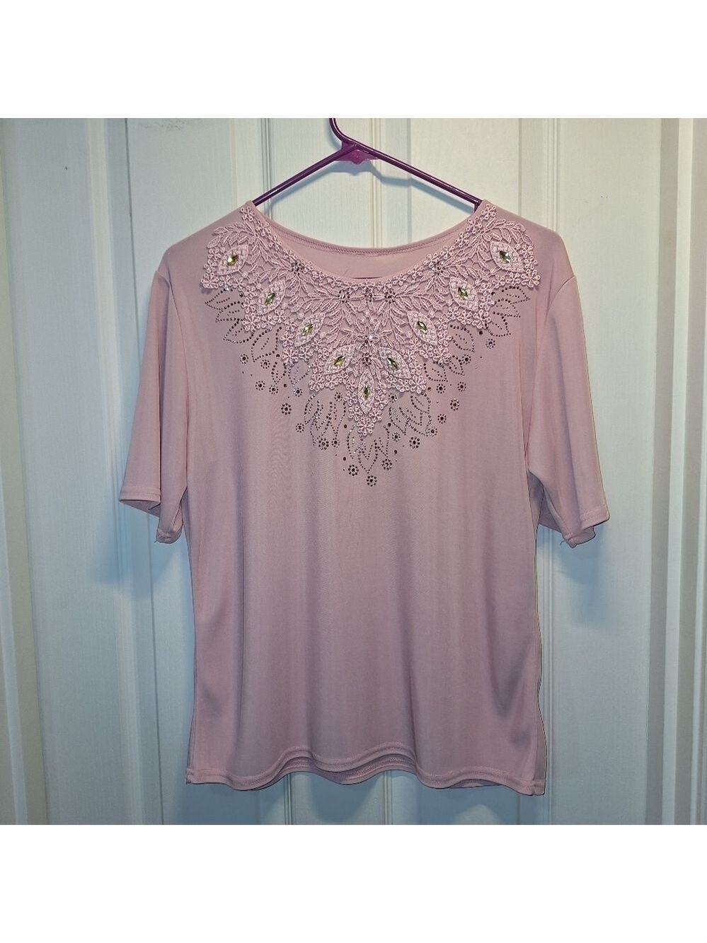 Pink Lace Embellished Jeweled Top XL